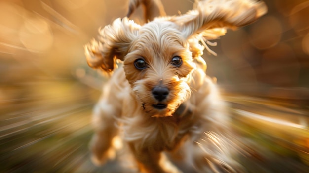 A dog is running in the park with a blurred background The dog is a brown and white cocker spaniel