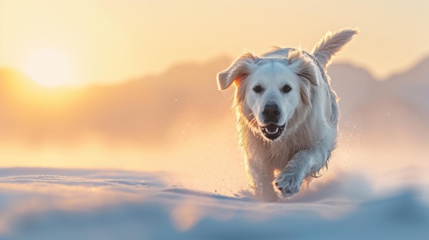 Dog is running in snow with its tongue out