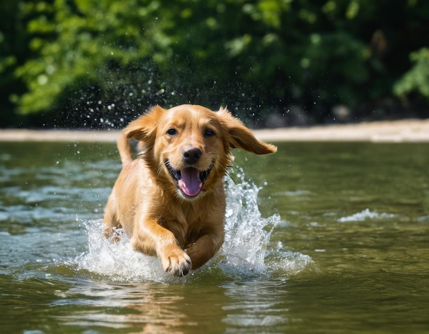 A dog is running in the water and splashing around