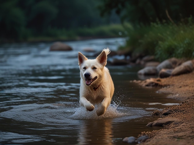 a dog is running in the water with mountains in the background