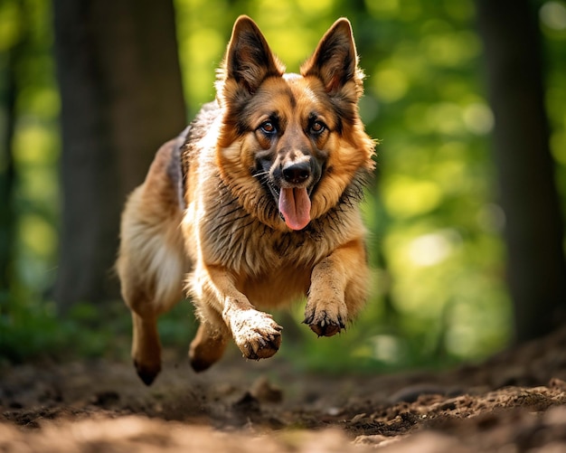 A dog is running in the woods with his tongue out