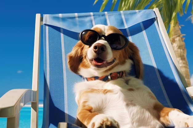 The dog is seen wearing sunglasses and relaxing in a beach chair exuding a sense of humor and