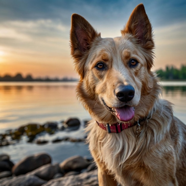 Photo a dog is sitting on the beach and looking at the water