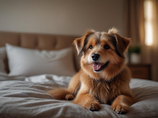 a dog is sitting on a bed with a white pillow