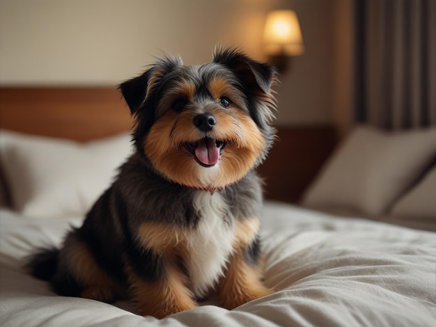 a dog is sitting on a bed with a white sheet