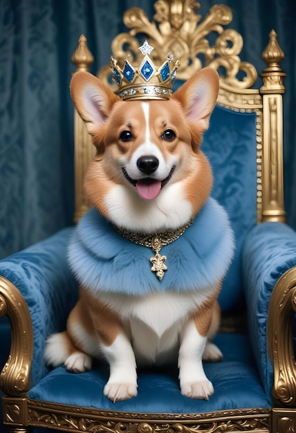 a dog is sitting on a blue chair with a crown on it