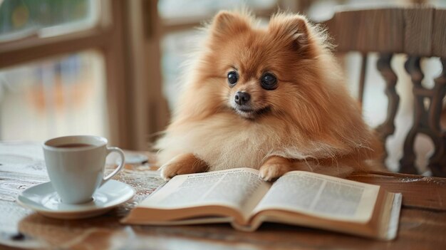 Photo a dog is sitting on a book and a cup of coffee