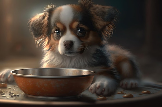 A dog is sitting next to a bowl of peanuts.