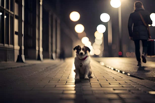 Photo a dog is sitting on a brick sidewalk in the night.