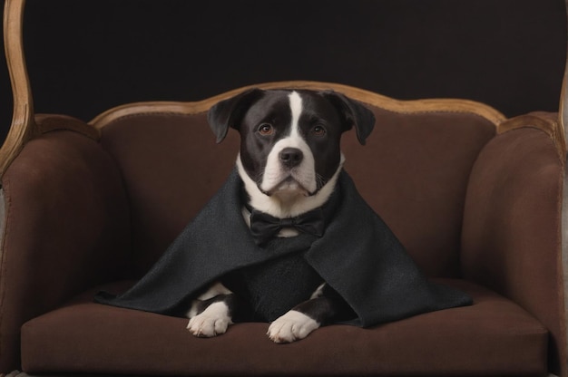 a dog is sitting on a brown couch with a bow tie