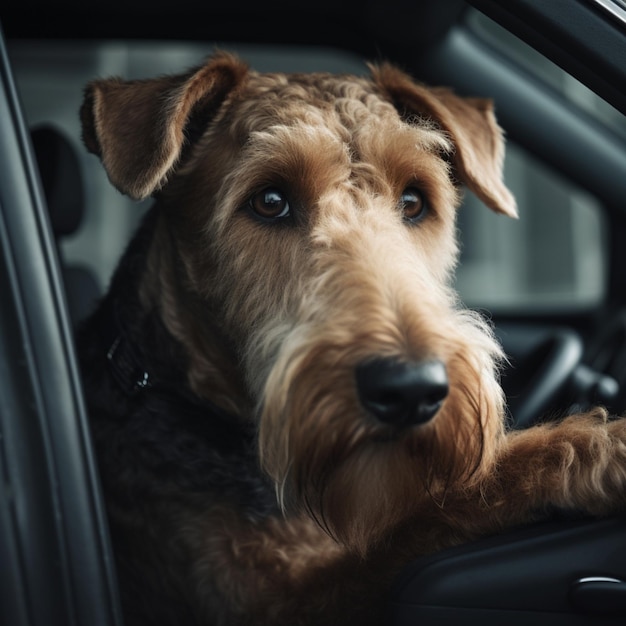 A dog is sitting in a car with its head on the steering wheel.