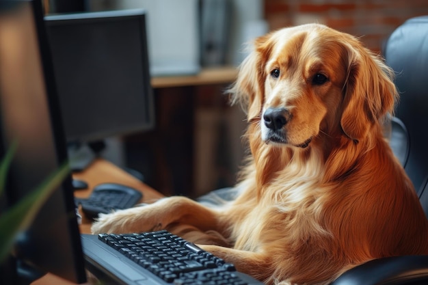 Photo a dog is sitting on a chair in front of a computer monitor lazy and relaxation