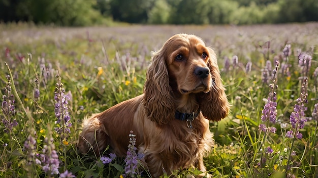 Photo a dog is sitting in a field of purple flowers