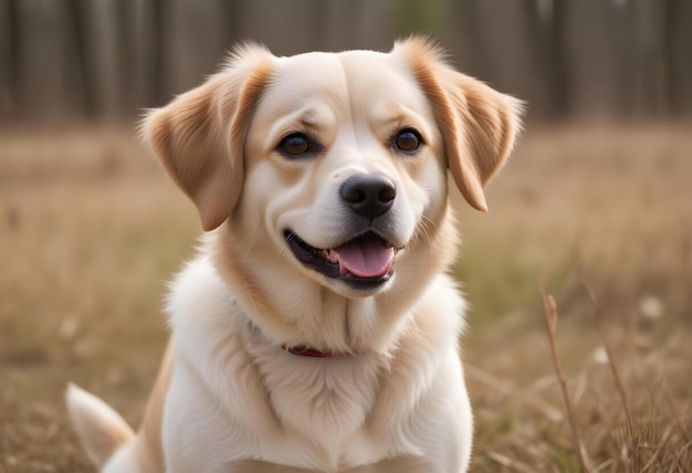 a dog is sitting in a field with a forest in the background