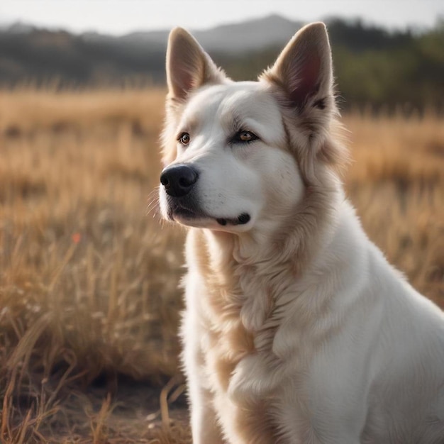 a dog is sitting in a field with a mountain in the background