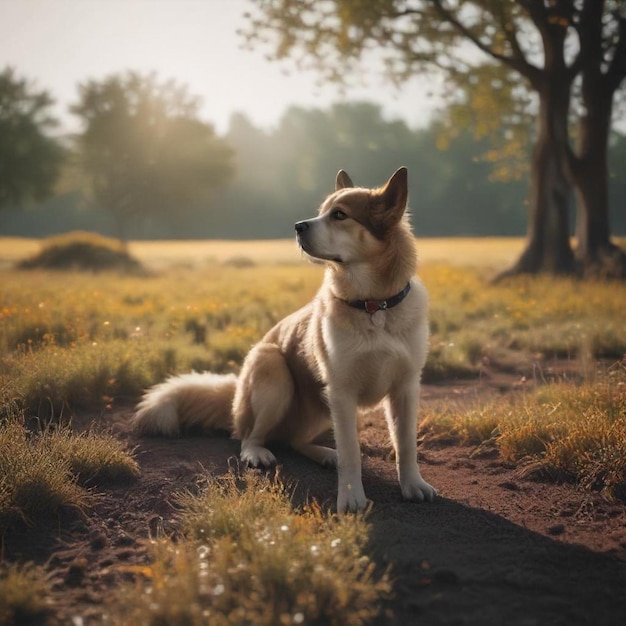 a dog is sitting in a field with the sun shining on it