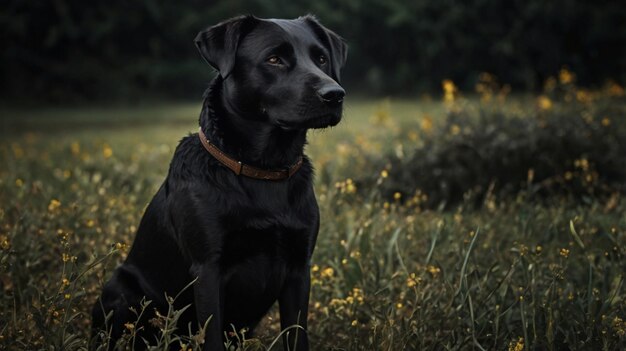 Photo a dog is sitting in a field with yellow flowers