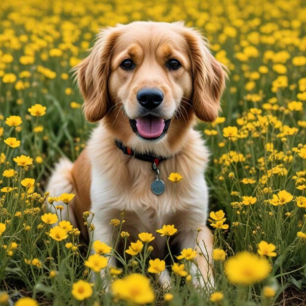 a dog is sitting in a field of yellow flowers