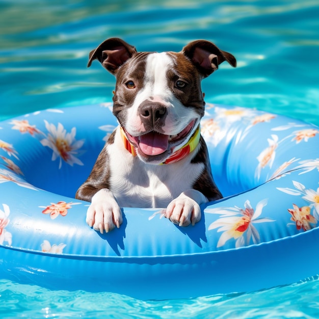 A dog is sitting in a float