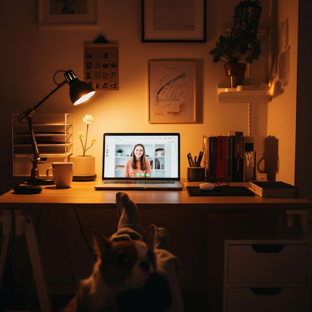 a dog is sitting in front of a laptop with a picture of a woman on it