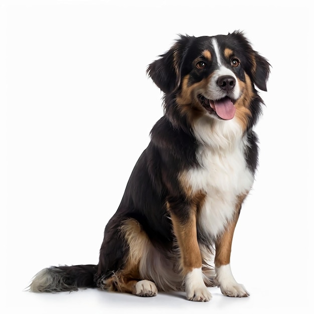 a dog is sitting in front of a white background