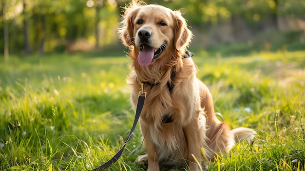 Photo a dog is sitting in the grass with a leash