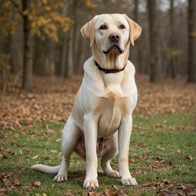 a dog is sitting in the grass with leaves on the ground