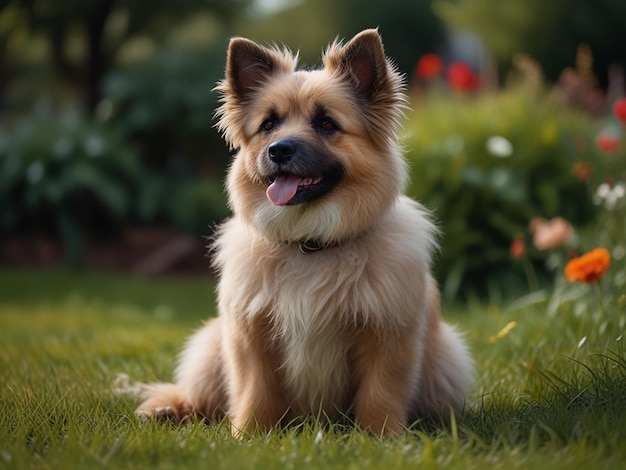 a dog is sitting in the grass with the name dog on it