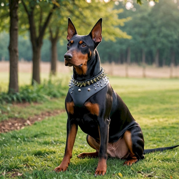 Photo a dog is sitting on the grass with a scarf around its neck