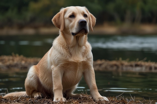 a dog is sitting on the ground in front of a lake