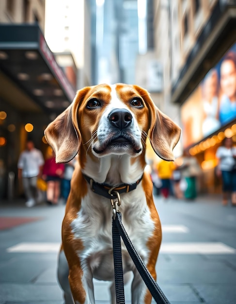 a dog is sitting on a leash in front of a building