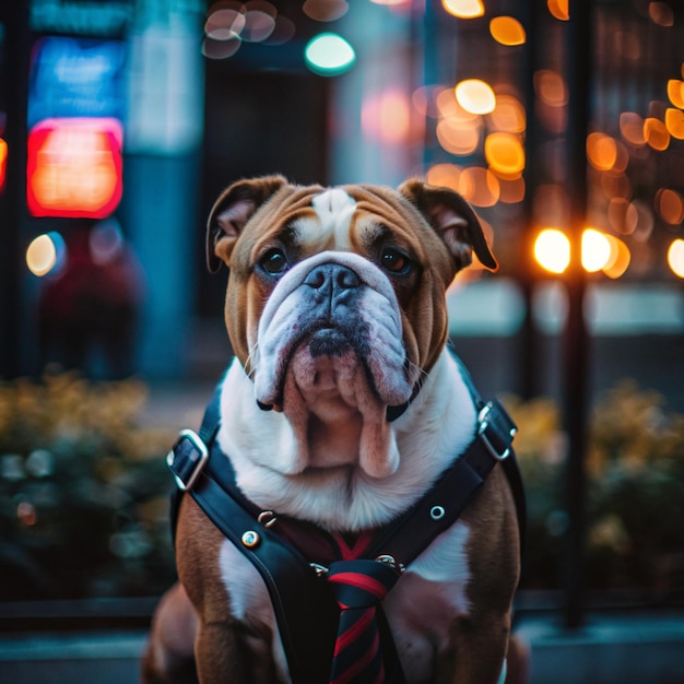 a dog is sitting on a leash and wearing a tie