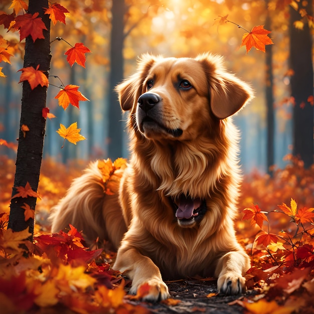 a dog is sitting in the leaves of autumn forest