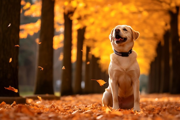 Dog is sitting in the leaves in park with trees in the background Generative AI