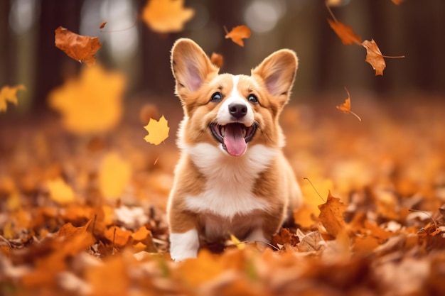 a dog is sitting in the leaves in the woods