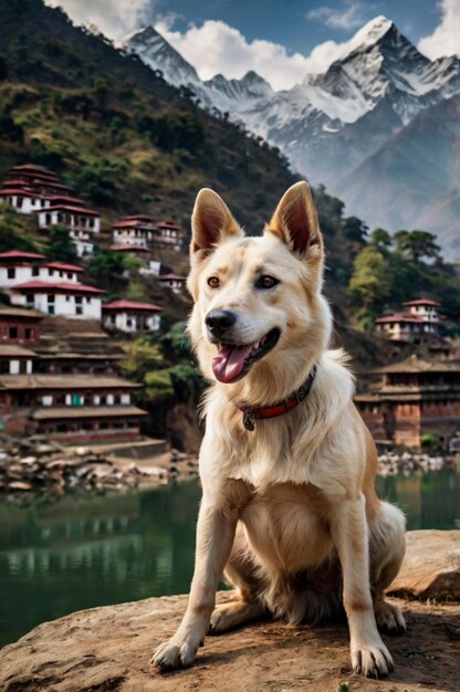 Photo a dog is sitting on a rock by a lake