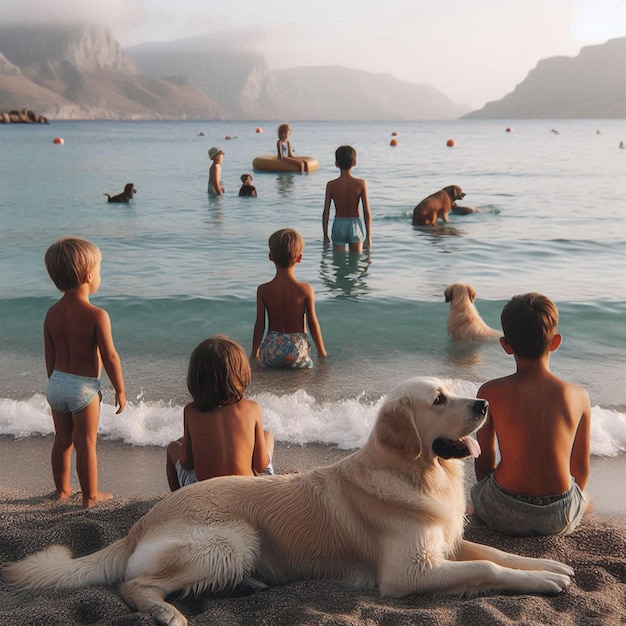 a dog is sitting in the sand with a dog on the beach