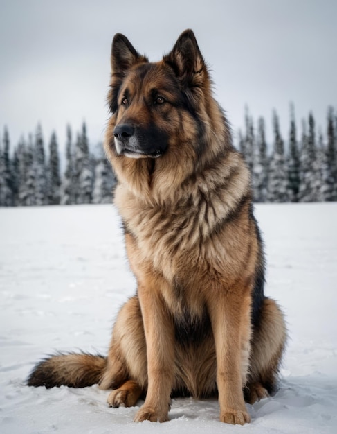 a dog is sitting in the snow with trees in the background