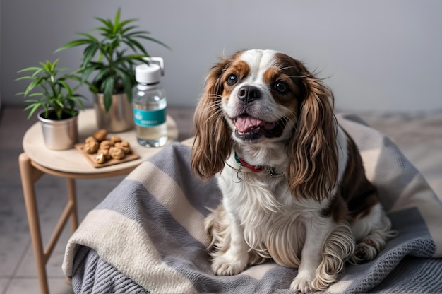 a dog is sitting on a soft couch at home