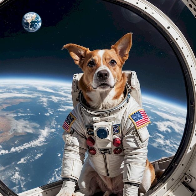 a dog is sitting on a space shuttle with the planet in the background