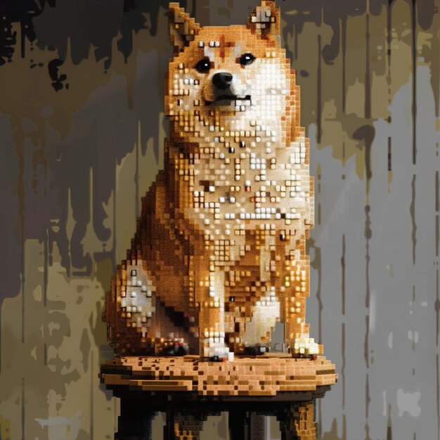 a dog is sitting on a stool with a number of small squares on it