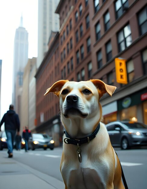 a dog is sitting in the street in front of a building with a sign that says b b