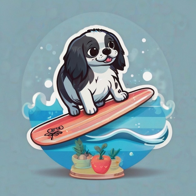 Photo a dog is sitting on a surfboard with a picture of a dog on it