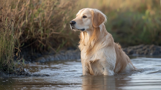 Photo a dog is sitting in the water with the sun shining on his face