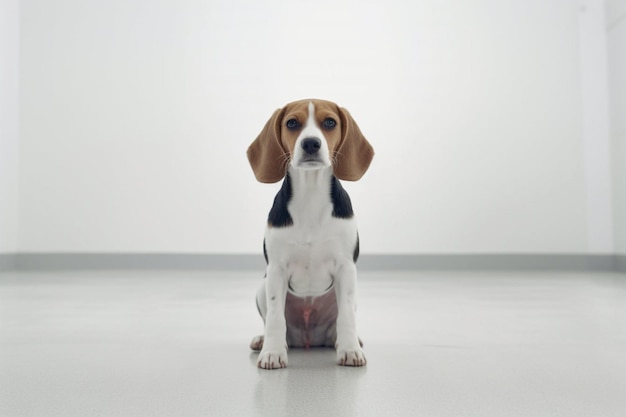 A dog is sitting on a white floor and has black and white fur.