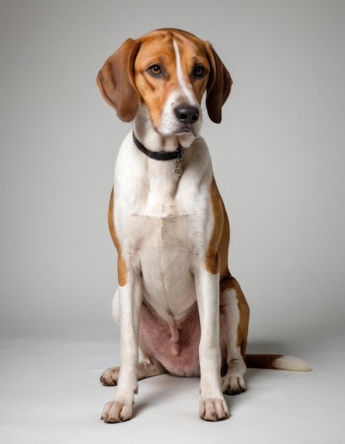 Photo a dog is sitting on a white surface with a black collar