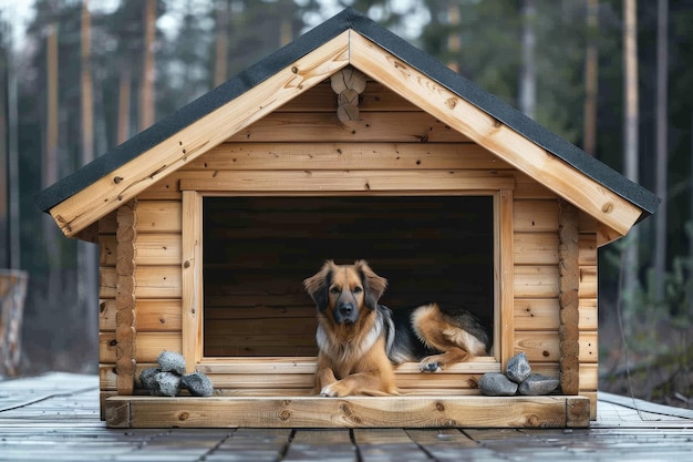 Photo a dog is sitting in a wooden dog house