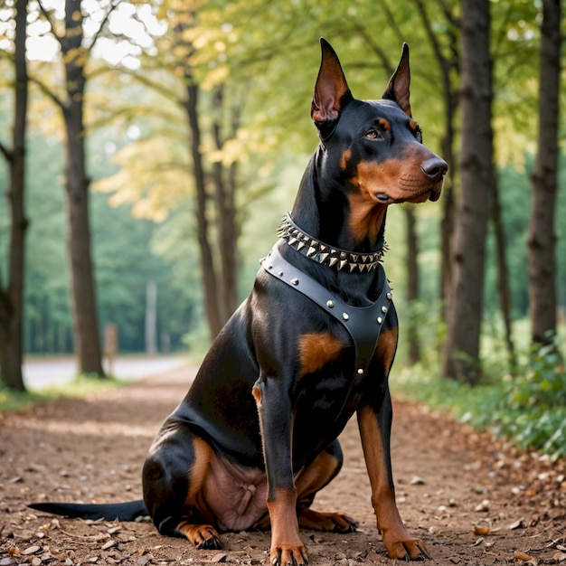 Photo a dog is sitting in the woods wearing a jacket with a collar that says quot the dog is wearing a col