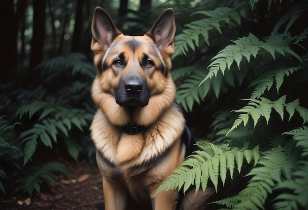 a dog is sitting in the woods with a black collar