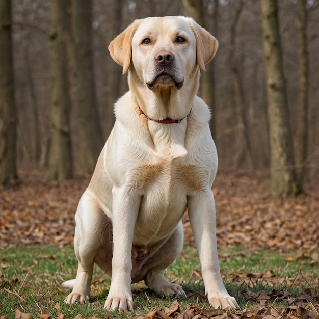 a dog is sitting in the woods with a brown collar